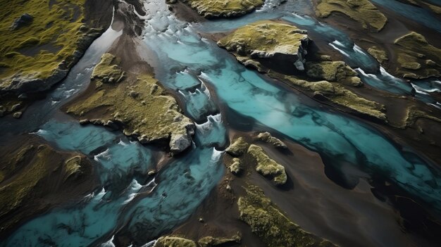 Airborne foto van een IJslandse stream AI gegenereerd