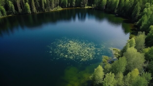 Airborne see of blue water lake and green summer woods in Finland Creative resource AI Generated