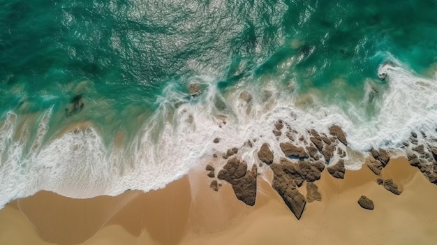 AIが生成した波と透明な海水のある砂浜の海岸線を空から見る