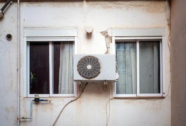 Airconditioner buitenunit geïnstalleerd tussen twee ramen