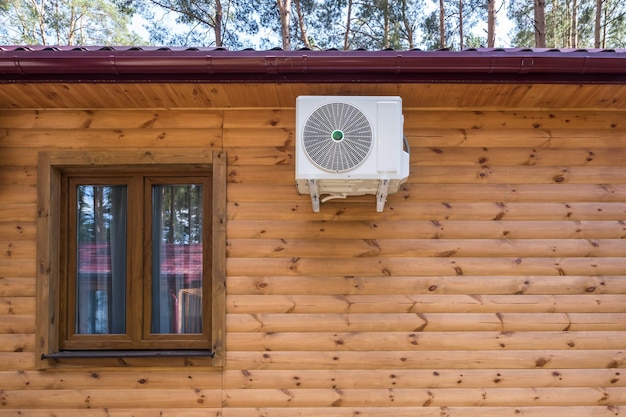 Airconditioner op de muur van een ecologisch houten landhuis of huisje