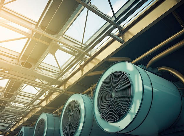 Airconditioner units HVAC op een dak van een industrieel gebouw met blauwe lucht en wolken op de achtergrond