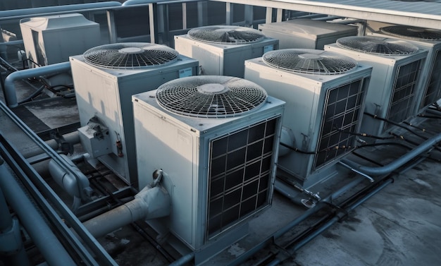 Airconditioner units HVAC op een dak van een industrieel gebouw met blauwe lucht en wolken op de achtergrond