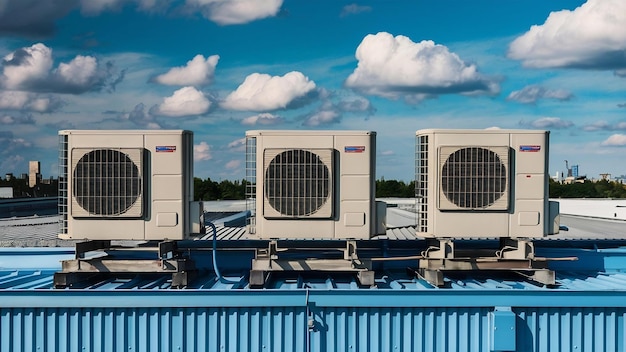 Airconditioning eenheden hvac op een dak van een industrieel gebouw met blauwe hemel en wolken op de achtergrond