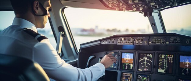 Foto capitano del velivolo in cabina di pilotaggio in decollo con l'aereo throttling leva motore di potenza a