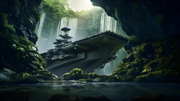 Aircraft carrier in the jungle background Generative AI