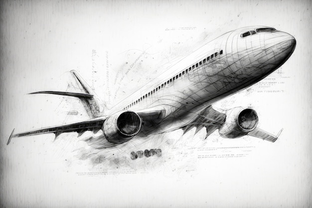 Aircraft design pencil sketch showing the flow of air around the plane in flight