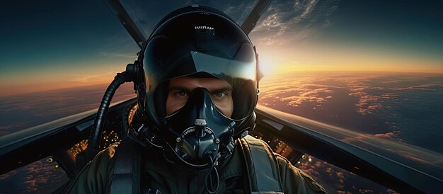 Фото Пилот истребителя летает на рассвете с камерой в стиле гиперреалистического портрета