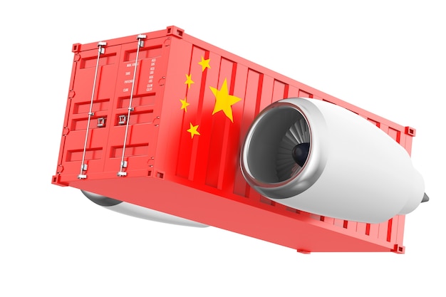 Aircraft Jet Engine with China Flag Shipping Container on a white background. 3d Rendering