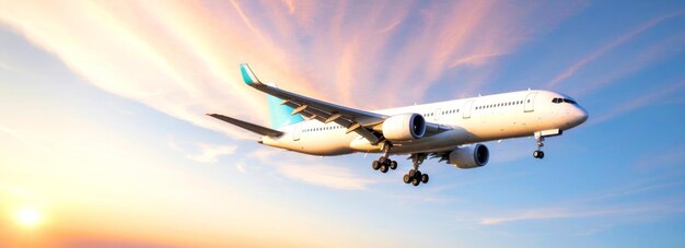 Aircraft jet flying through the clouds passing the setting sun