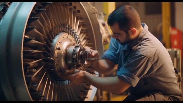 Aircraft maintenance technician working on turbine Generative AI