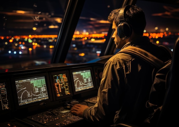 写真 夜間飛行の航空機パイロット キャプテン航空機技術