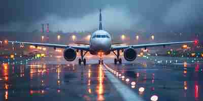 Photo aircraft positioned on the airport runway in peaceful lighting generative ai