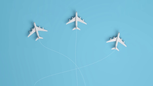 Aircraft travelling to different destinations on blue background and trail