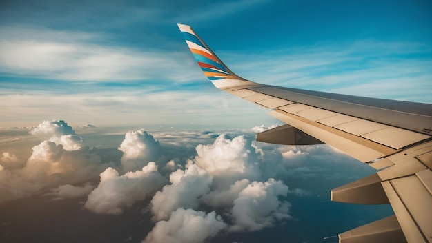 Вид на крыло самолета из окна сиденья самолета синее небо и облака