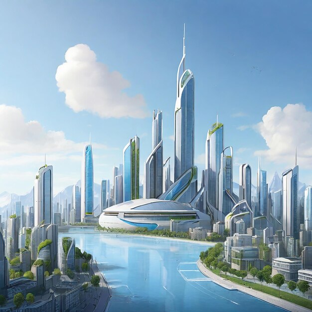 AIRendered Concept for a City Skyline Powered by Renewable Energy (재생 에너지로 움직이는 도시 스카이라인의 개념)