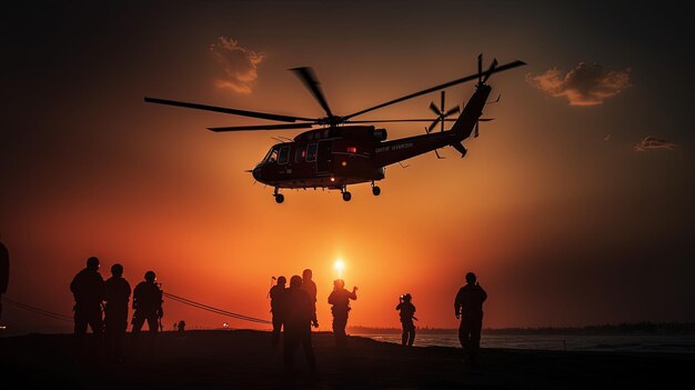 AirForce는 실루엣 컨셉을 하강할 준비가 된 들것을 갖춘 헬리콥터의 불가리아 에어쇼에서 인명구조원 구조 시연을 선보입니다.