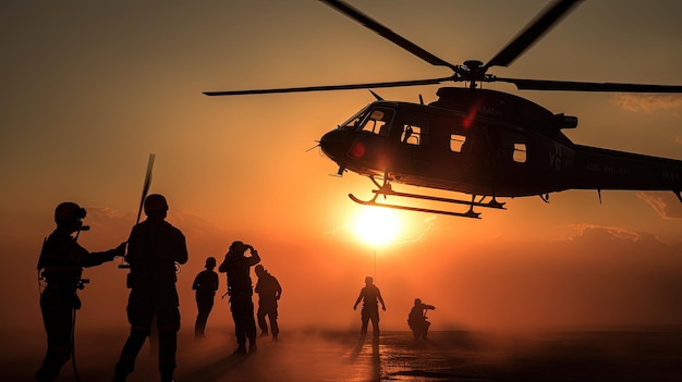 AirForce showcases rescue demonstrations during Bulgarian air show lifeguard on helicopter with stretcher ready to descend silhouette concept