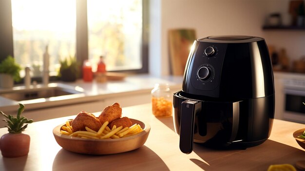 Airfryer on the kitchen table Airfryer with food French fries in Air fryer