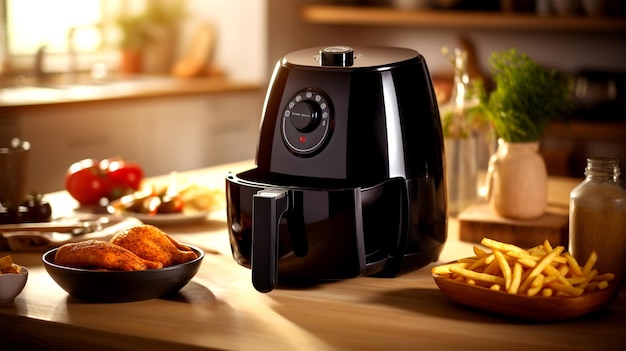 Airfryer on the kitchen table Airfryer with food French fries in Air fryer