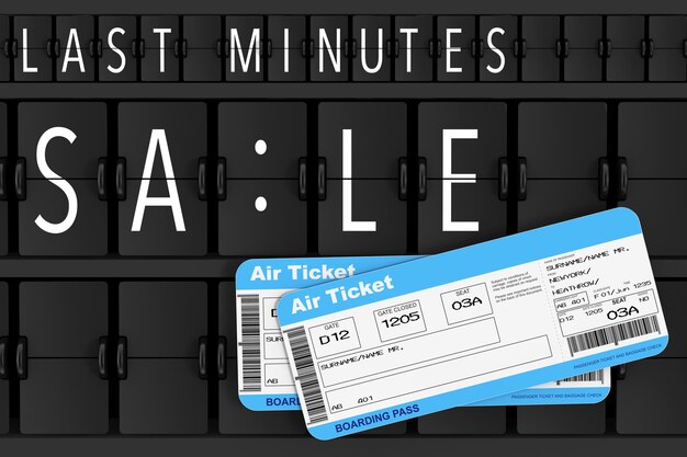 Photo airline boarding pass tickets in front of last minutes sale sign over flip scoreboard airport panel extreme closeup. 3d rendering