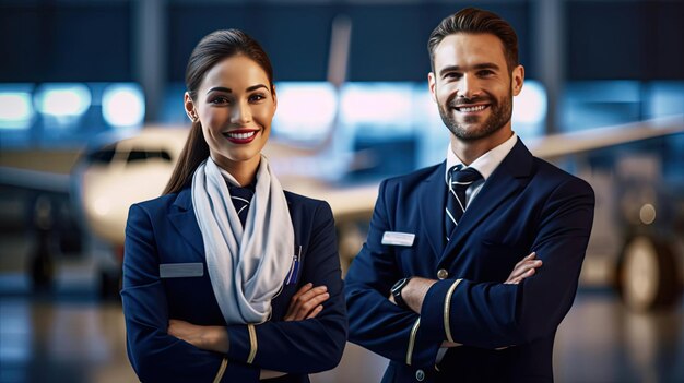 Airline business Airliner pilot and air hostess standing in airport terminal and looking camera with smile face job and career in air transport concept Generative Ai