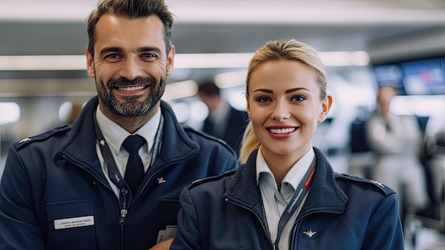 Airline business Airliner pilot and air hostess standing in airport terminal