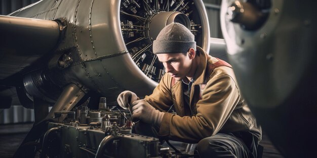 Airline mechanic inspecting a plane before takeoff to ensure it is in safe operating condition Generative AI