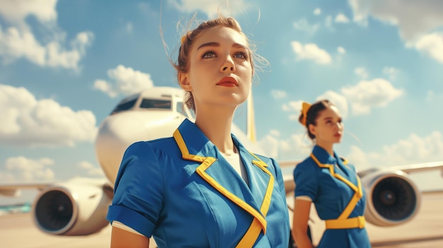 Airline stewardesses in vibrant blue uniforms standing confidently on the runway