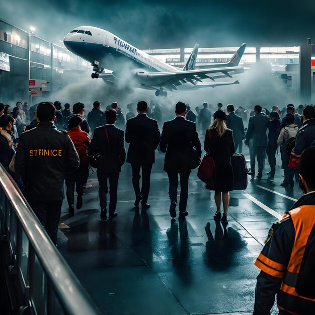 Photo airline strike yapan insanlar chaotic atmosphere and tense vibe