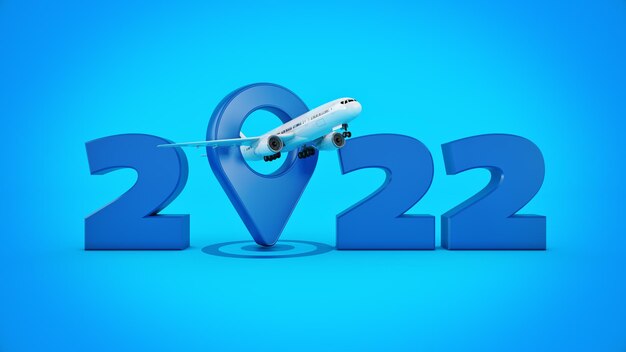 Концепция путешествия авиакомпании Указатель аэропорта 2022 Новый год знак 3d-рендеринга