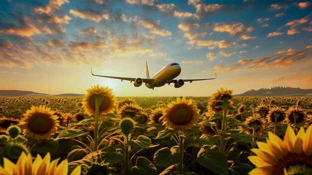 Airliner above a field of sunflowers Generative AI