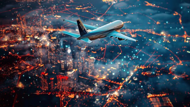 Airliner flies low over lights of night city