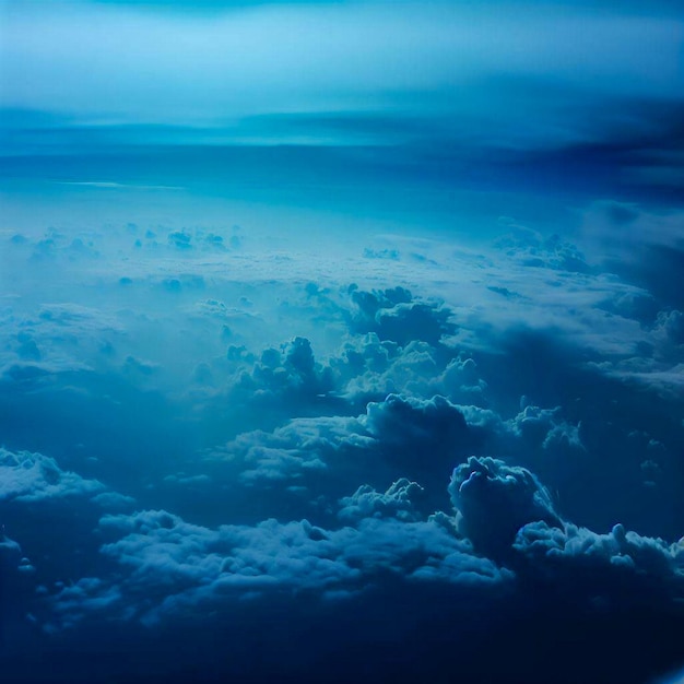 Foto vista della finestra dell'aeroplano sullo sfondo del cielo blu profondo e nuvoloso
