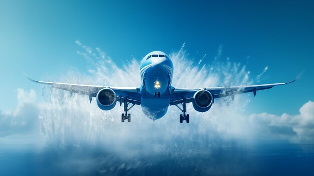 Foto un aereo un aereo che vola nell'aria sullo sfondo di uno spruzzo d'acqua e di un cielo blu