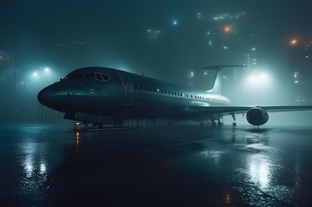 Airplane at the airport at night in the rain Neural network AI generated