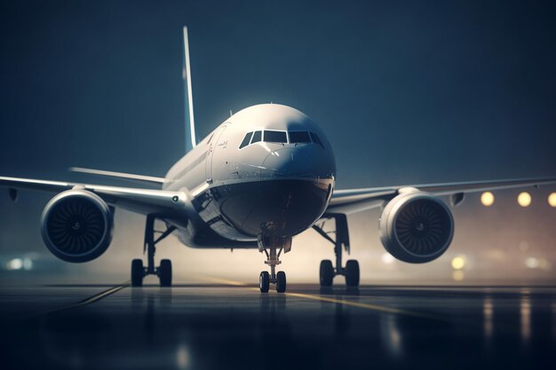 霧とボケの夜の空港での飛行機