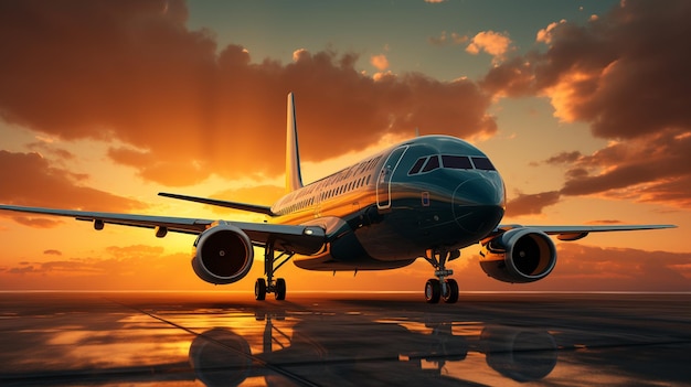 airplane in airport runway Aircraft taking off the backdrop of sunset sky Airplane front view