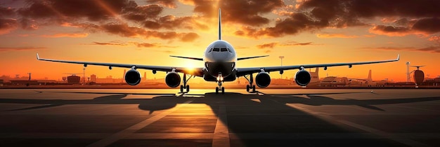 Photo airplane in the airport at sunset 3d render illustration