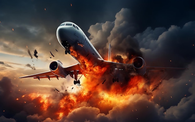 煙と火の爆発中の飛行機