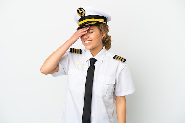 Airplane blonde woman pilot isolated on white background has realized something and intending the solution