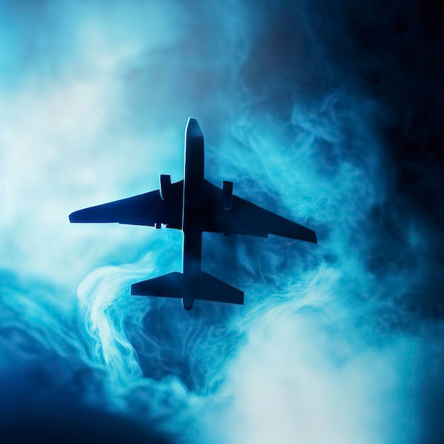 Photo airplane in blue smoke