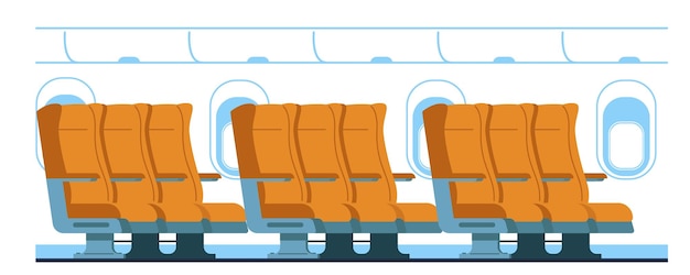 Airplane cabin with passenger seats and porthole windows Air transport interior comfortable armchairs plane inside empty vehicle cartoon flat style isolated illustration Vector concept