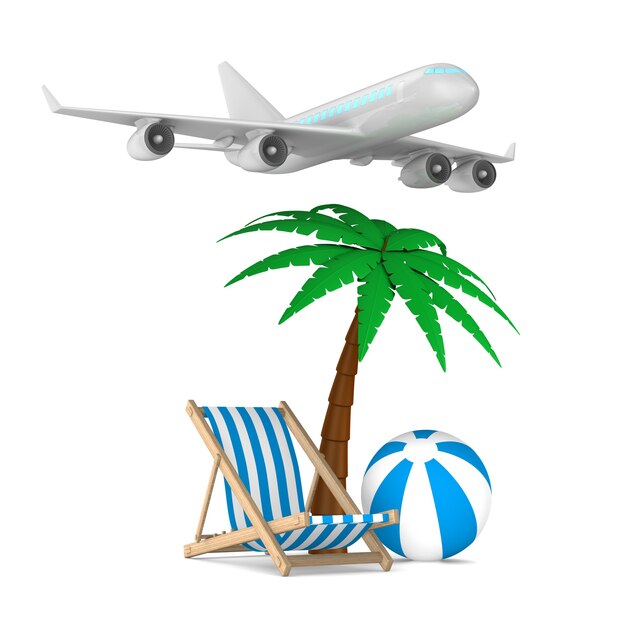 Airplane, chaise lounge and palm tree on white background. Isolated 3D illustration