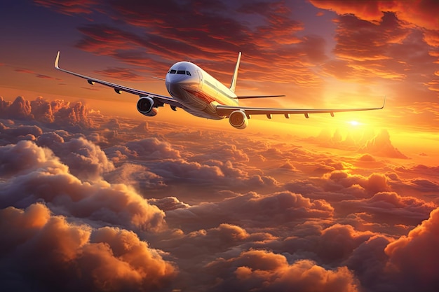 Airplane in the clouds at sunset 3d render illustration Commercial airplanes fly above dramatic clouds during sunset AI Generated