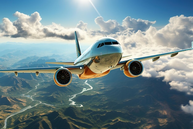 Airplane in the cloudy sky closeup