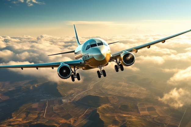 Airplane in the cloudy sky closeup