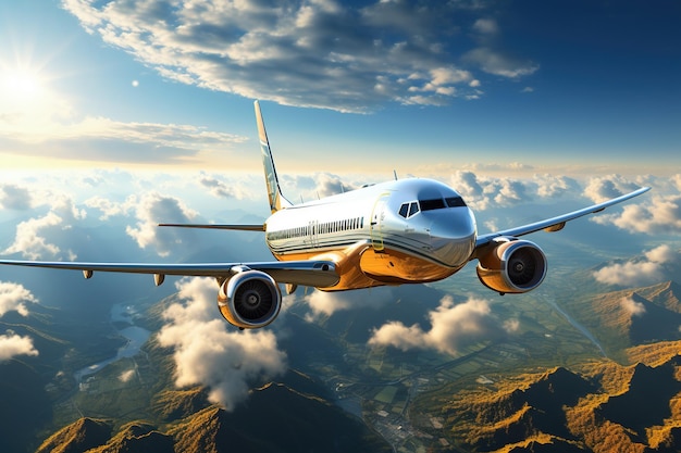 Airplane in the cloudy sky closeup