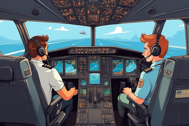 Airplane cockpit Pilots sitting front of dashboard aircraft inside vector cartoon illustrations