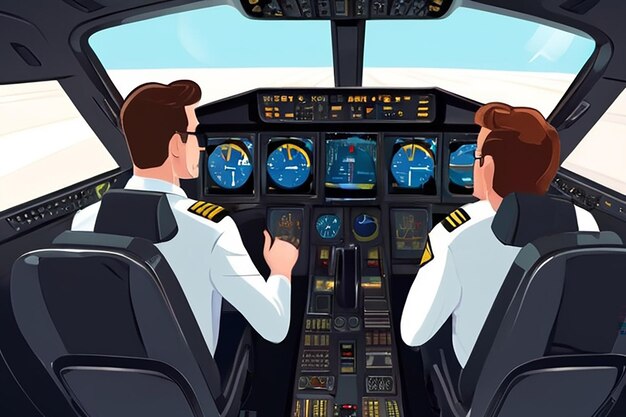 Airplane cockpit Pilots sitting front of dashboard aircraft inside vector cartoon illustrations